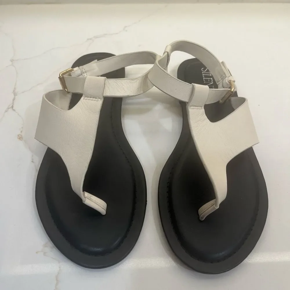 Silent D White Leather T-Strap Thong Sandals Minimalist Flat Sandal